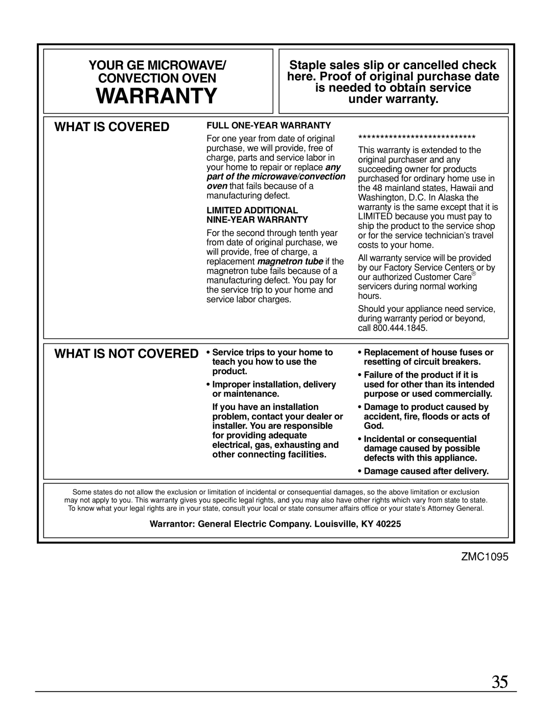 GE Monogram ZMC1095 owner manual Warranty, Your Ge Microwave Convection Oven, What Is Covered, under warranty 