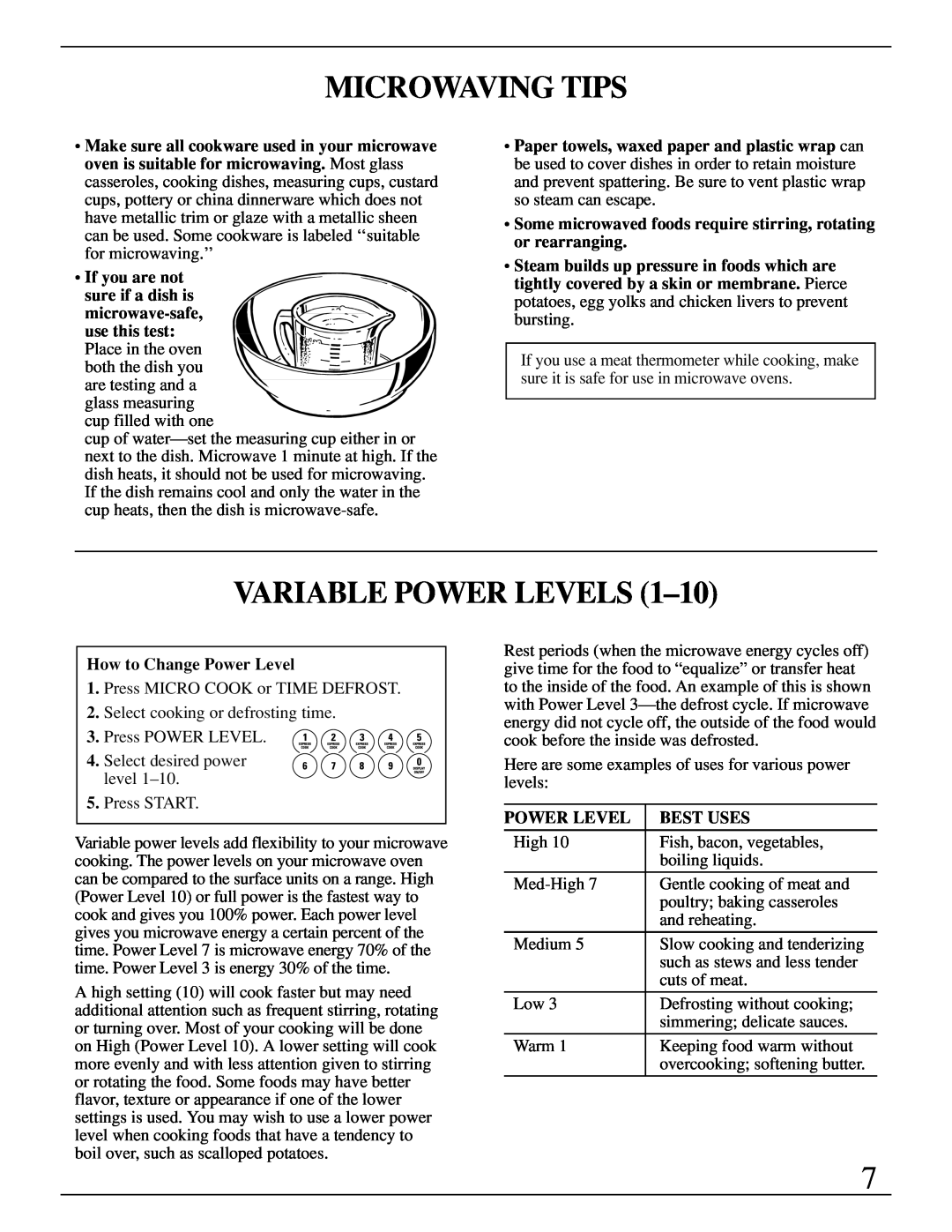 GE Monogram ZMC1095 owner manual Microwaving Tips, Variable Power Levels 
