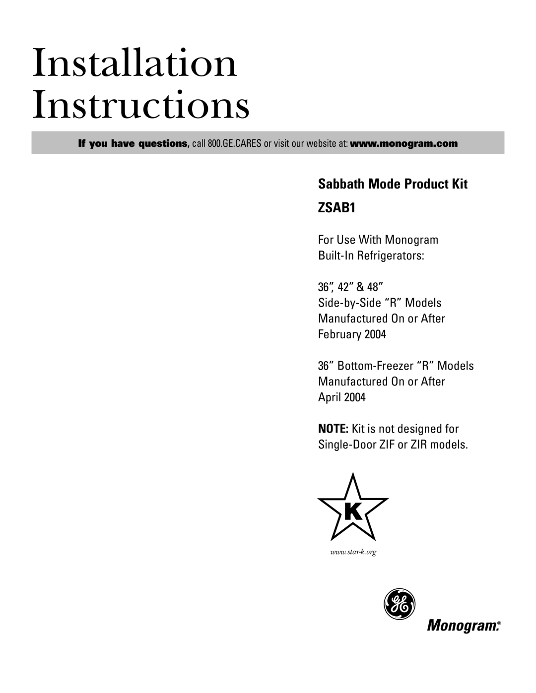 GE Monogram ZSAB1 installation instructions Installation Instructions 