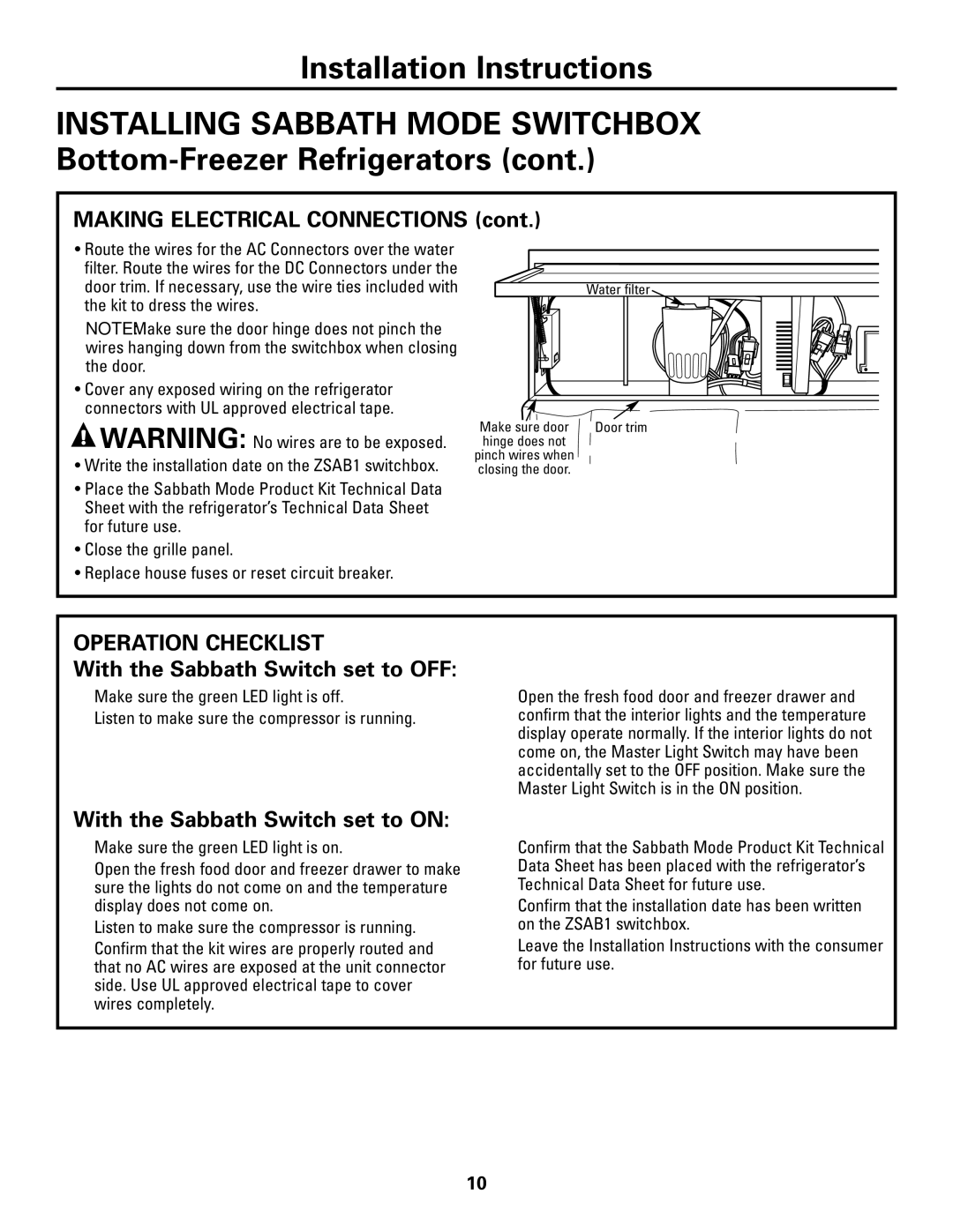 GE Monogram ZSAB1 installation instructions Water filter Make sure door Door trim hinge does not 