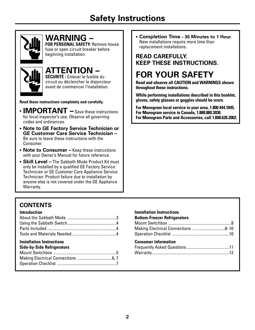 GE Monogram ZSAB1 installation instructions Safety Instructions, Read Carefully Keep These Instructions, Contents 