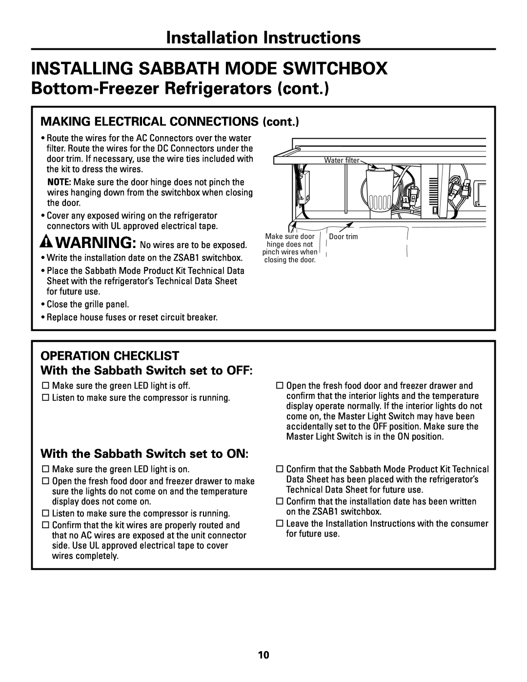 GE Monogram ZSAB1 INSTALLING SABBATH MODE SWITCHBOX Bottom-Freezer Refrigerators cont, Installation Instructions 