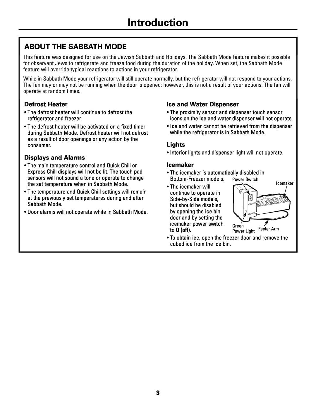 GE Monogram ZSAB1 Introduction, About The Sabbath Mode, to O off, Defrost Heater, Displays and Alarms, Lights, Icemaker 