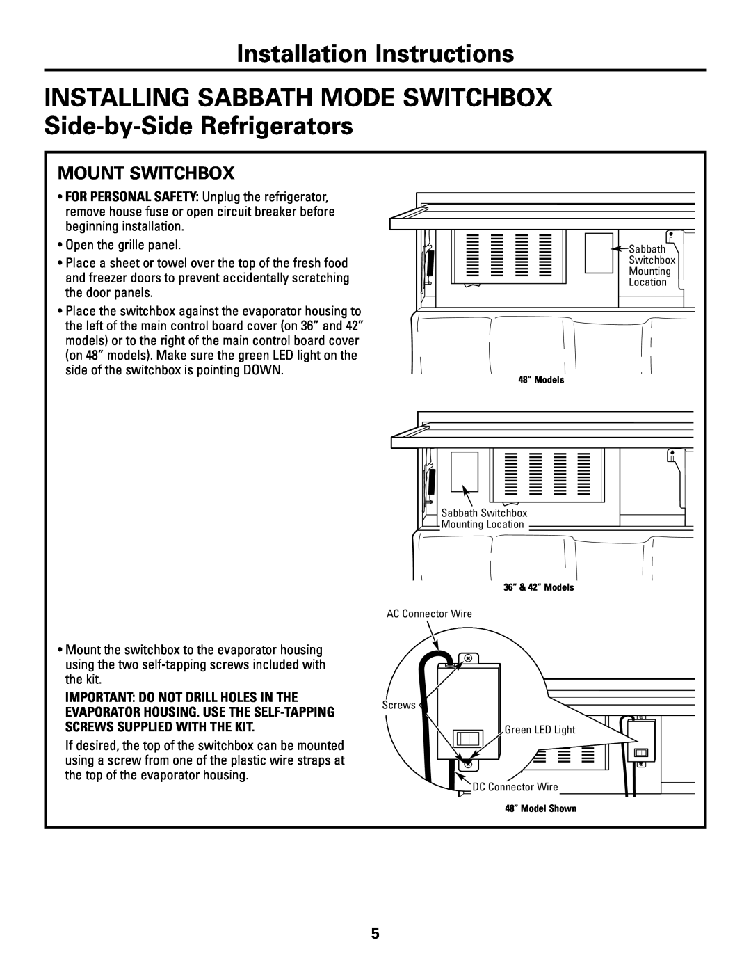 GE Monogram ZSAB1 Installation Instructions, INSTALLING SABBATH MODE SWITCHBOX Side-by-Side Refrigerators, Mount Switchbox 