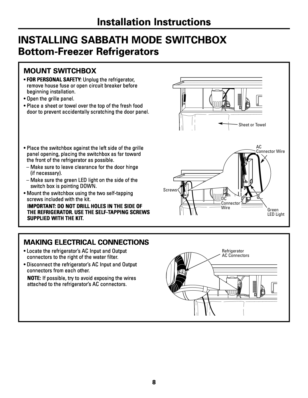 GE Monogram ZSAB1 INSTALLING SABBATH MODE SWITCHBOX Bottom-Freezer Refrigerators, Installation Instructions, AC Connectors 
