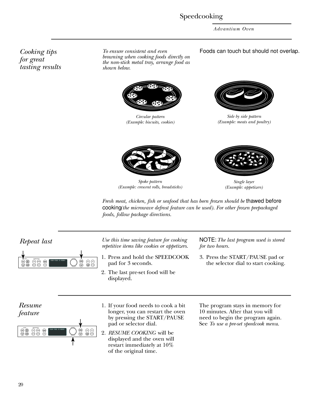 GE Monogram ZSC1001, ZSC1000 owner manual Cooking tips for great tasting results Speedcooking, Repeat last, Resume feature 