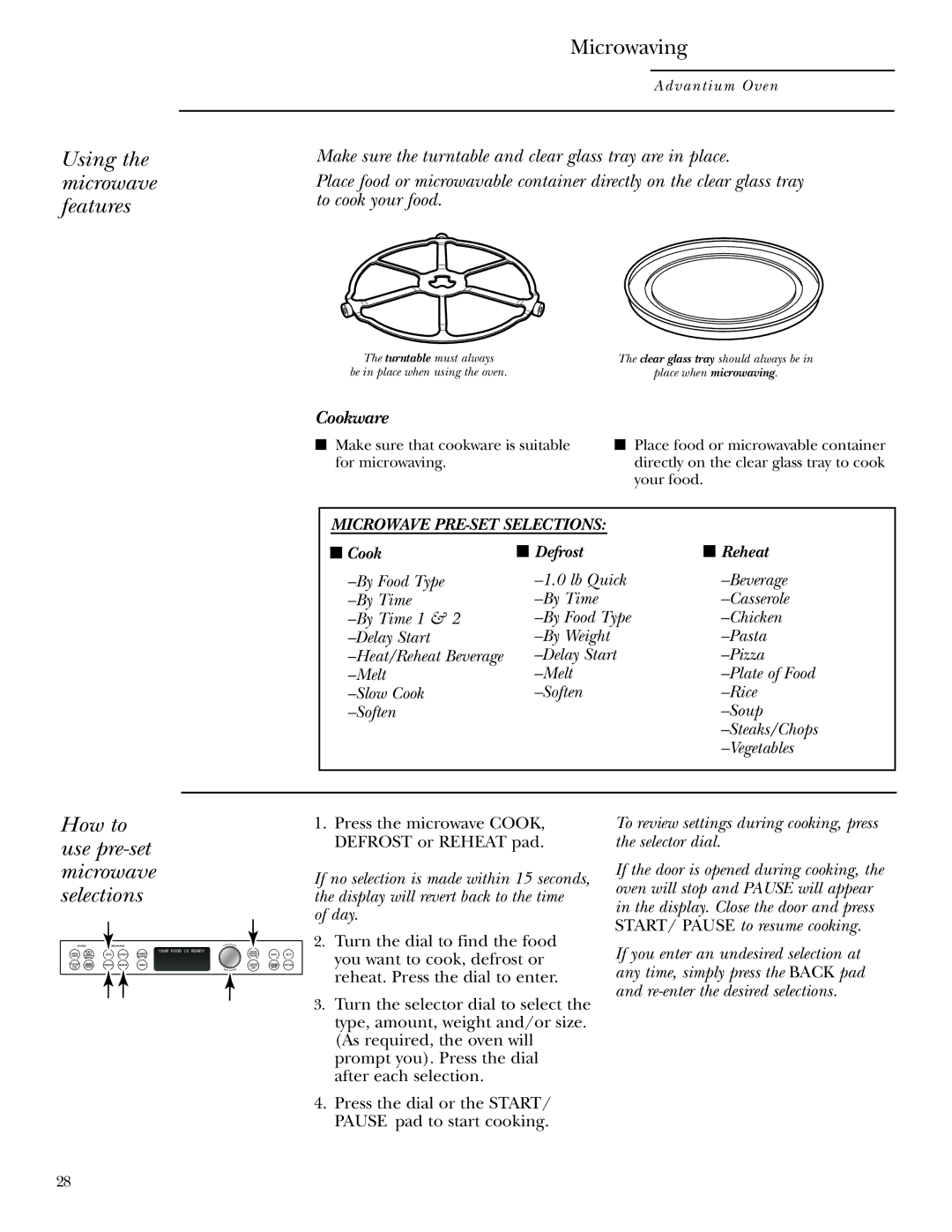 GE Monogram ZSC1001, ZSC1000 owner manual Using the microwave features, Microwaving, How to use pre-set microwave selections 