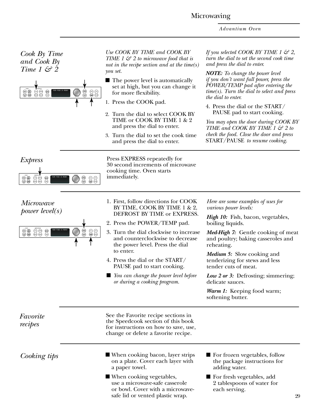 GE Monogram ZSC1000, ZSC1001 Cook By Time Time 1, Express, Microwave power levels, Favorite recipes, Cooking tips 