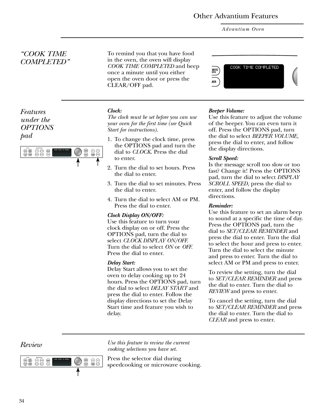 GE Monogram ZSC1001, ZSC1000 owner manual Other Advantium Features, Features under Options pad, Review 