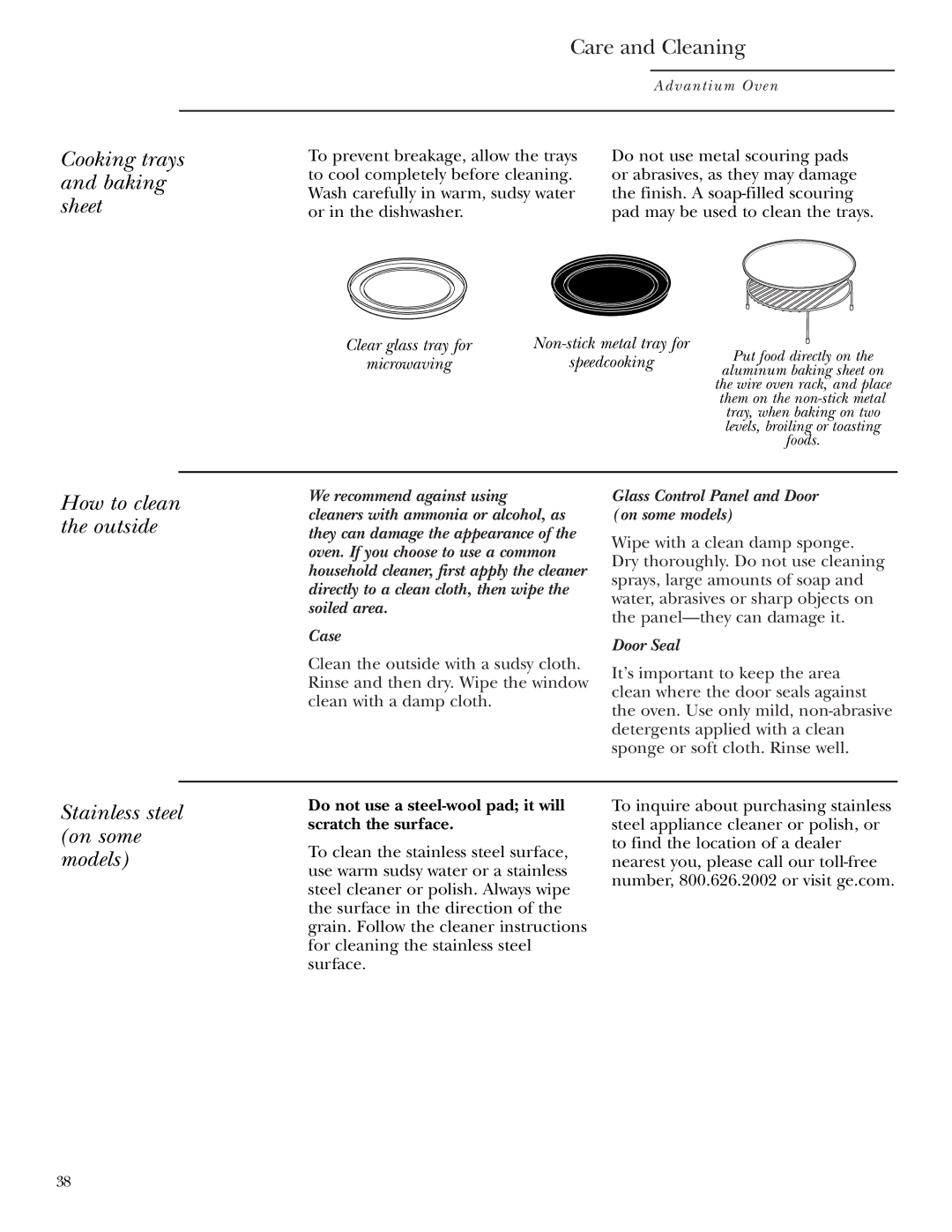 GE Monogram ZSC1001 Cooking trays and baking sheet, How to clean the outside, Stainless steel on some models, Door Seal 