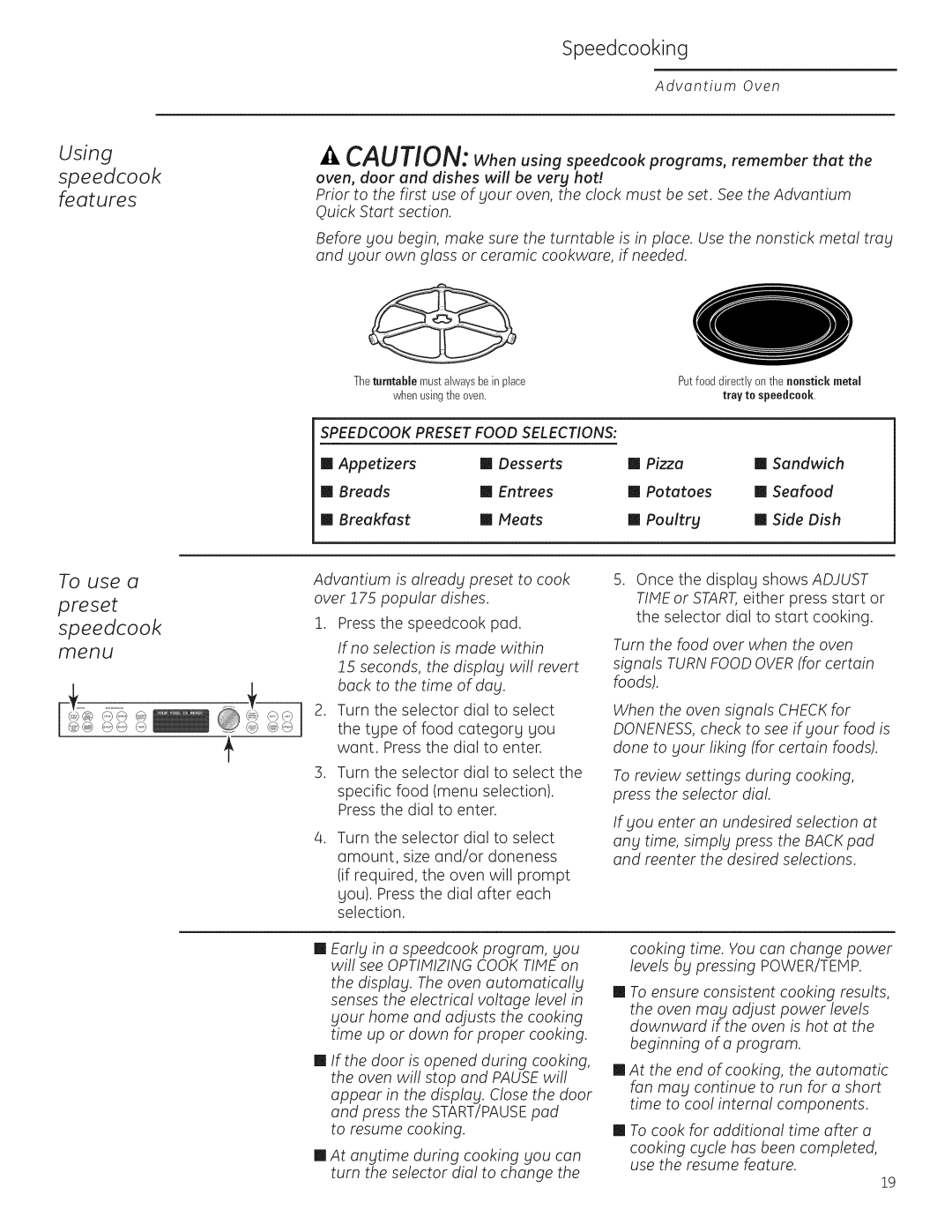 GE Monogram ZSC1201, ZSC1202 owner manual Using, Preset speedcook, Speedcook features, Speedcook Preset Food Selections 