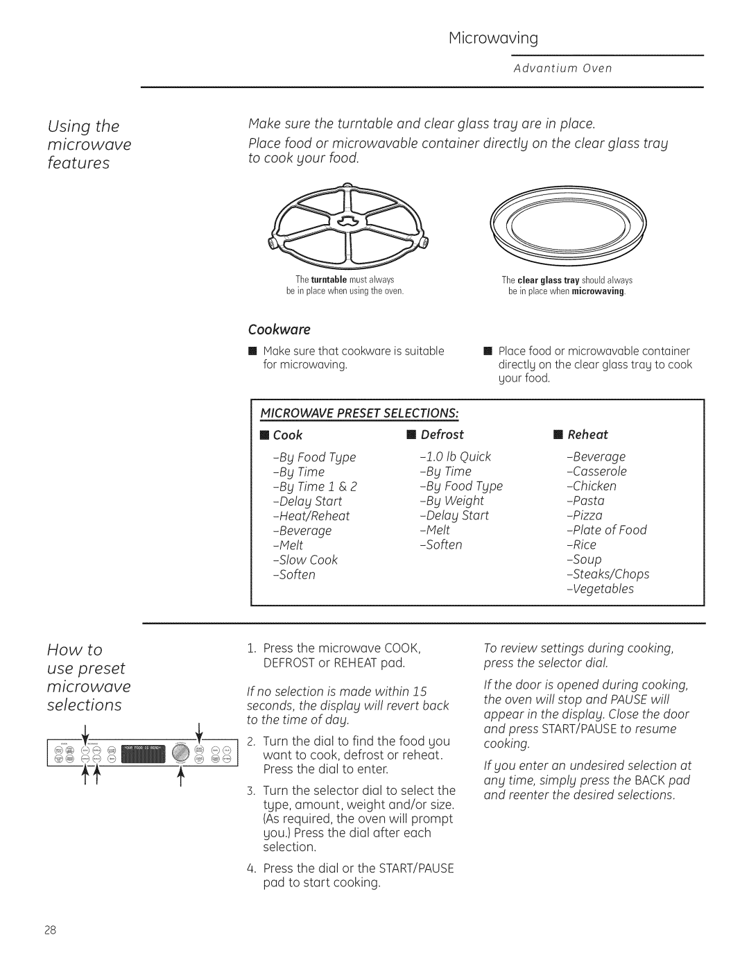 GE Monogram ZSC1202 Using the microwave, Features, How to Use preset microwave selections, Microwave Preset Selections 