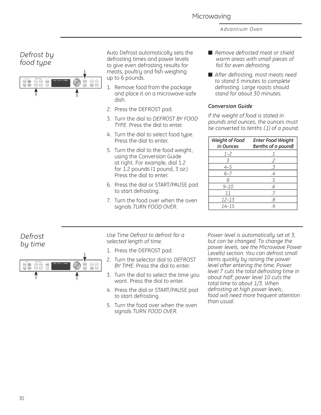 GE Monogram ZSC1202 Defrost bg, Food type, Weight of Food Enter Food Weight Ounces, Power levels, see the Microwave Power 