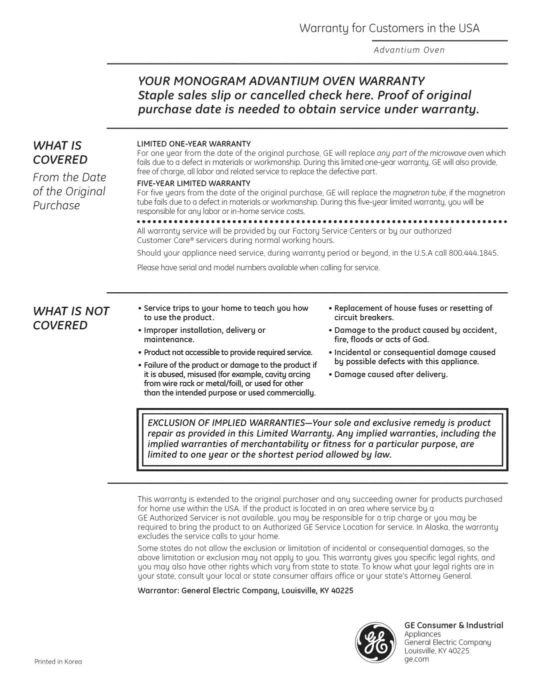 GE Monogram ZSC1202, ZSC1201 owner manual From the Date Original Purchase, Limited ONE-YEAR Warranty 