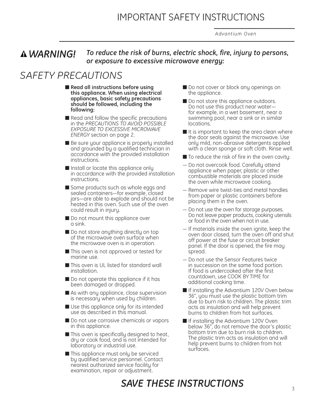 GE Monogram ZSC1201, ZSC1202 Safety Precautions, Save These Instructions, or exposure to excessive microwave energy 