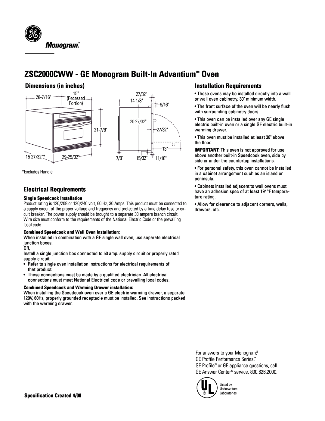 GE Monogram dimensions ZSC2000CWW - GE Monogram Built-In Advantium Oven, Dimensions in inches, Electrical Requirements 