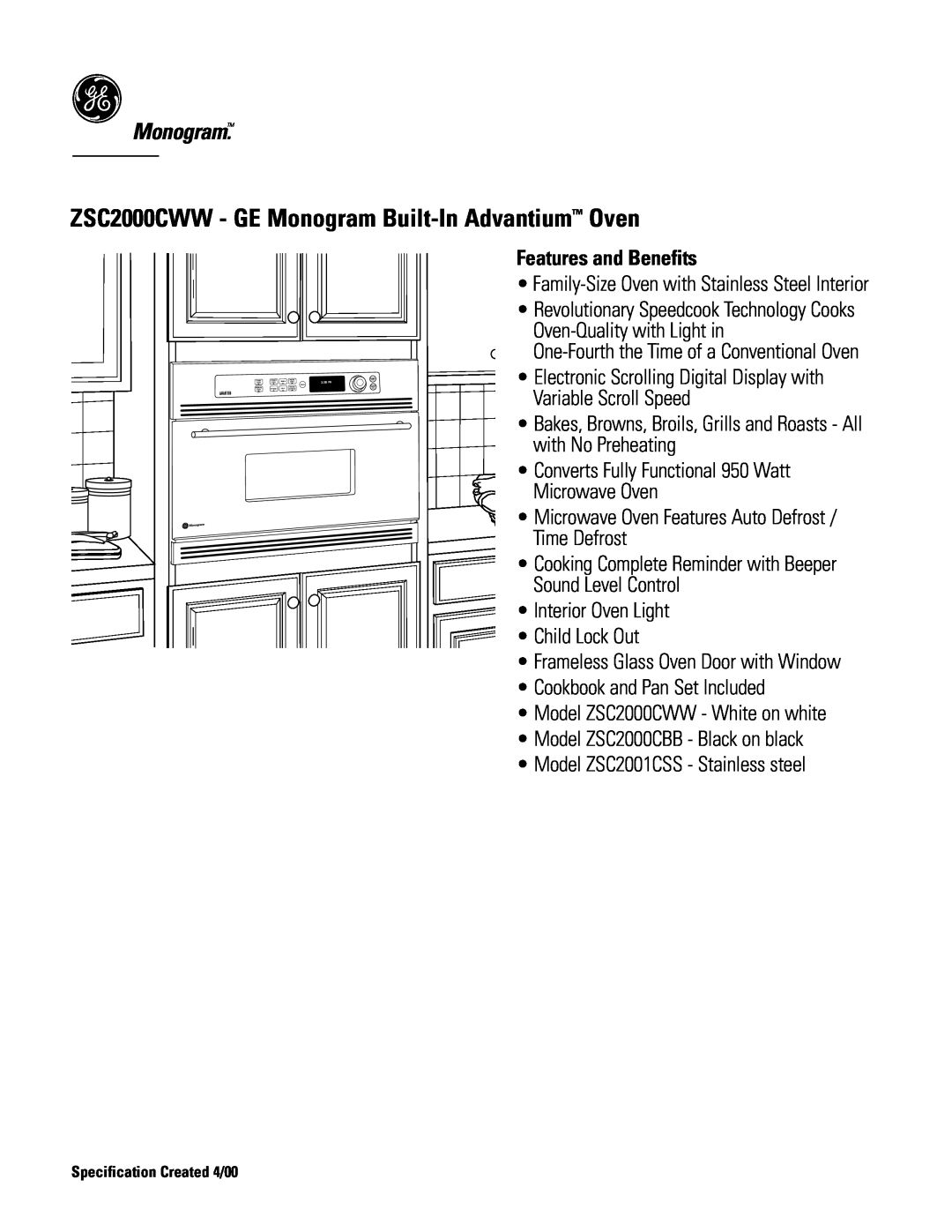 GE Monogram dimensions ZSC2000CWW - GE Monogram Built-In Advantium Oven, Features and Benefits 