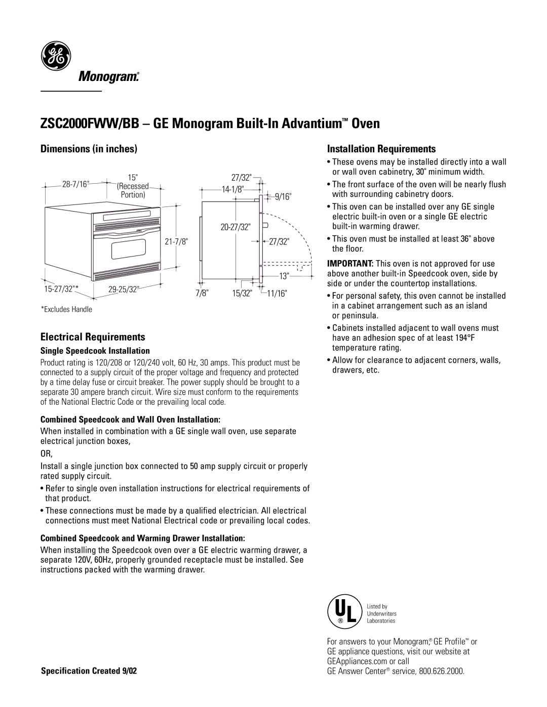 GE Monogram ZSC2000FWW/BB dimensions Dimensions in inches, Electrical Requirements, Installation Requirements 