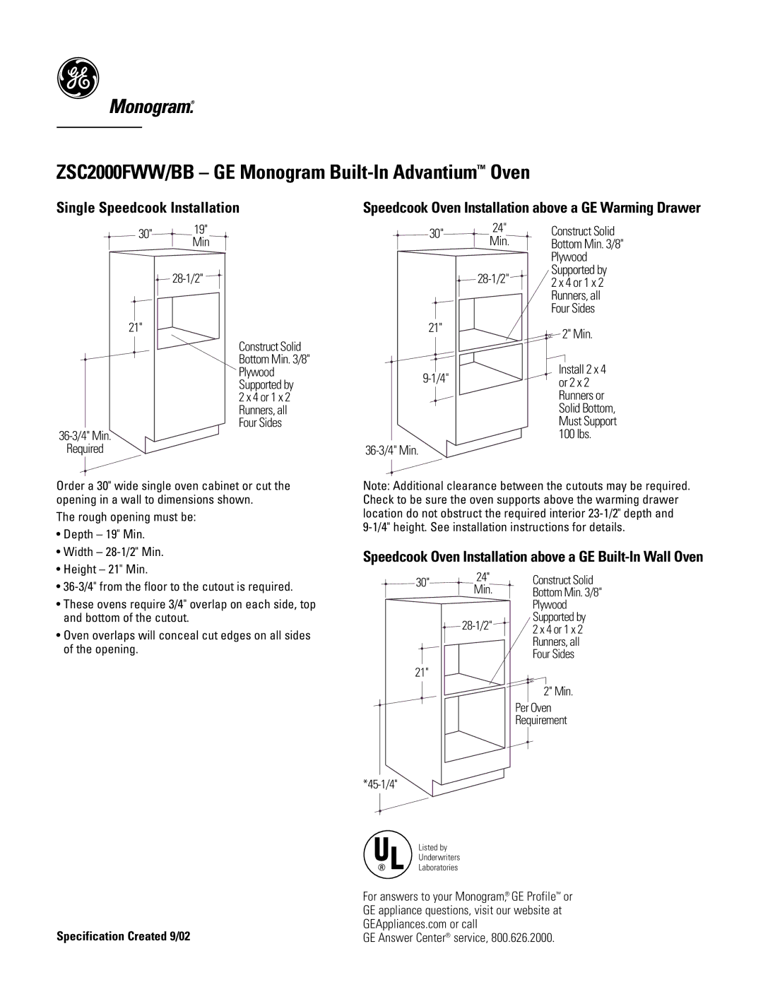 GE Monogram ZSC2000FWW/BB dimensions Single Speedcook Installation, Speedcook Oven Installation above a GE Warming Drawer 