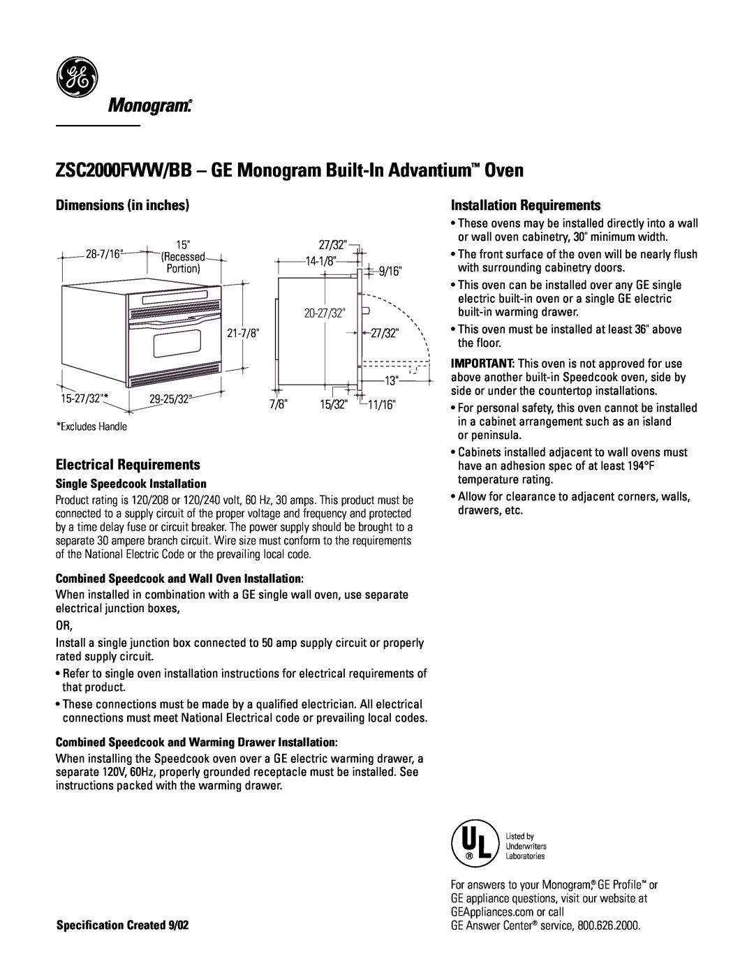 GE Monogram ZSC2000FWW/BB dimensions Dimensions in inches, Electrical Requirements, Installation Requirements, 27/32, 9/16 