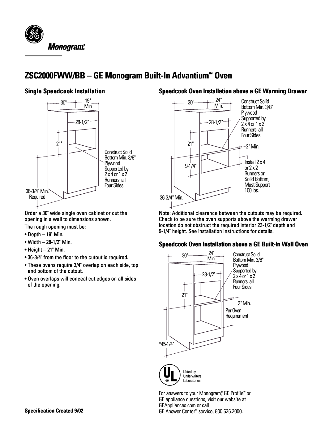 GE Monogram ZSC2000FWW/BB Single Speedcook Installation, 30 19 Min 28-1/2 21 Construct Solid, 36-3/4Min Required, 2 Min 