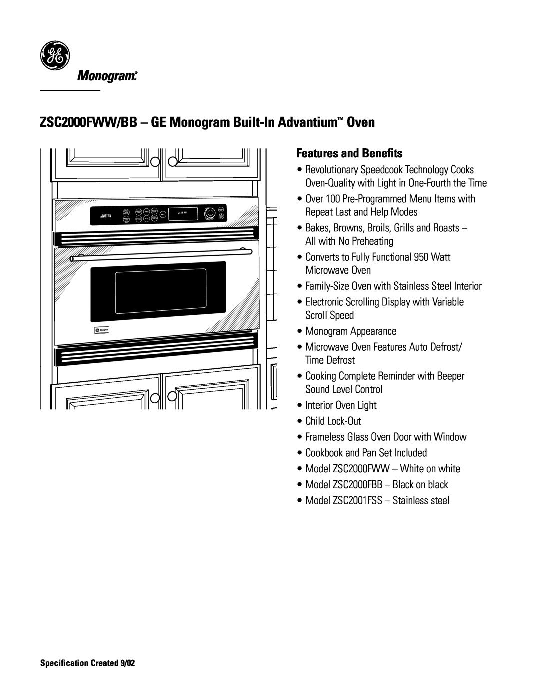 GE Monogram ZSC2000FWW/BB dimensions Features and Benefits 