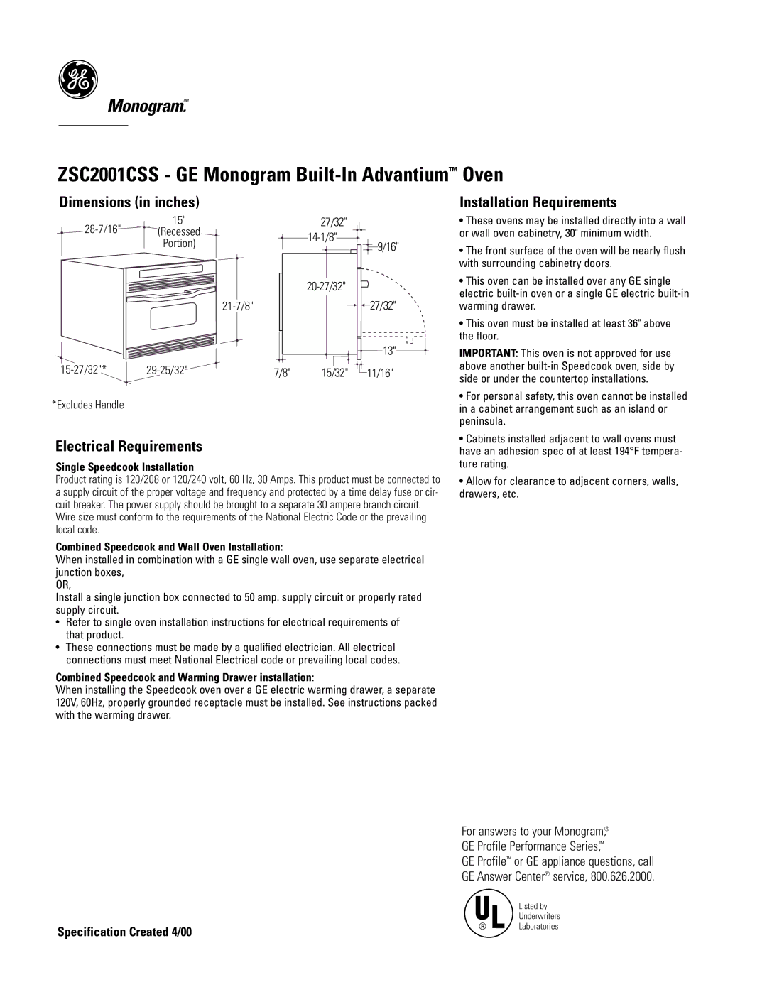 GE Monogram ZSC2001CSS dimensions Dimensions in inches Installation Requirements, Electrical Requirements, 15/32 11/16 