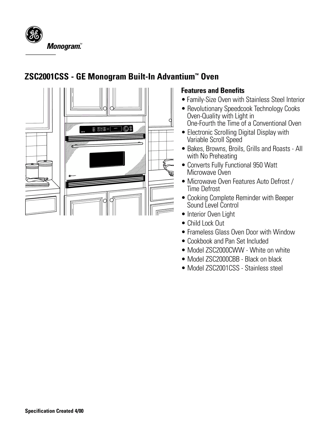 GE Monogram ZSC2001CSS dimensions Features and Benefits 