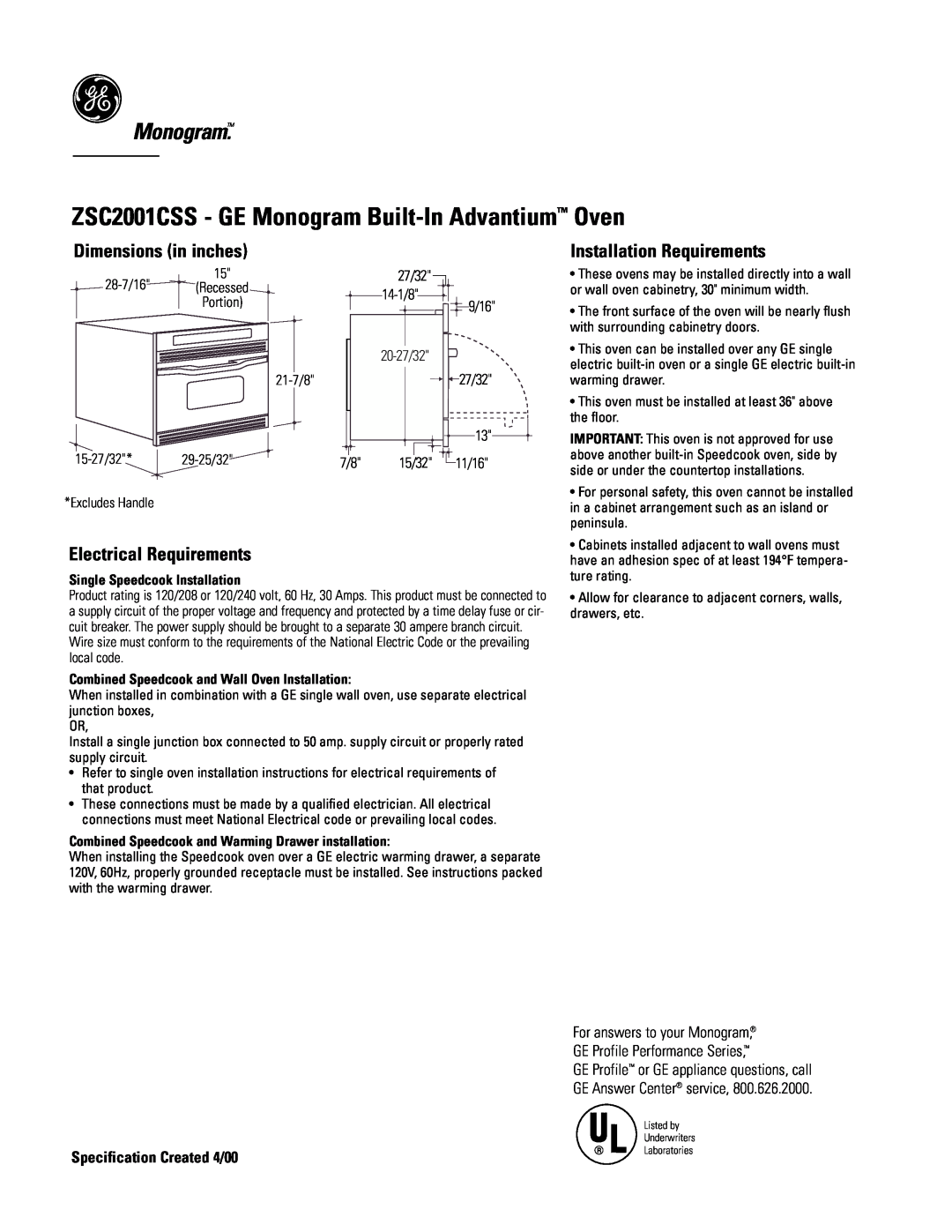 GE Monogram dimensions ZSC2001CSS - GE Monogram Built-In Advantium Oven, Dimensions in inches, Electrical Requirements 