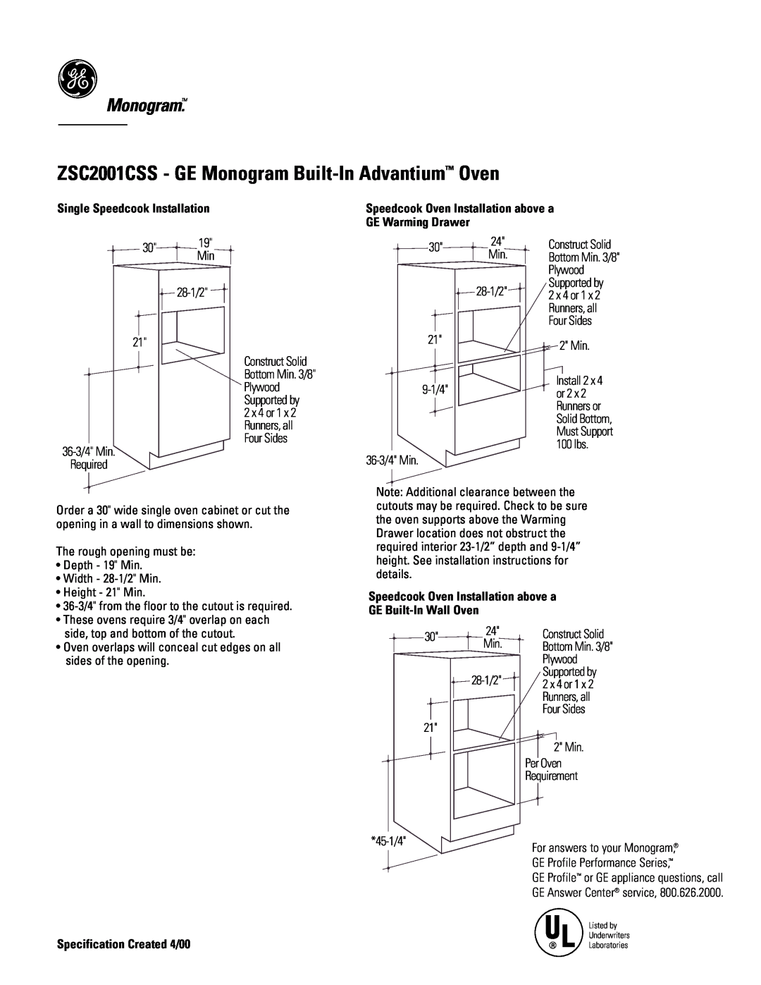 GE Monogram ZSC2001CSS - GE Monogram Built-In Advantium Oven, 30 19 Min 28-1/2, Construct Solid, 36-3/4 Min Required 