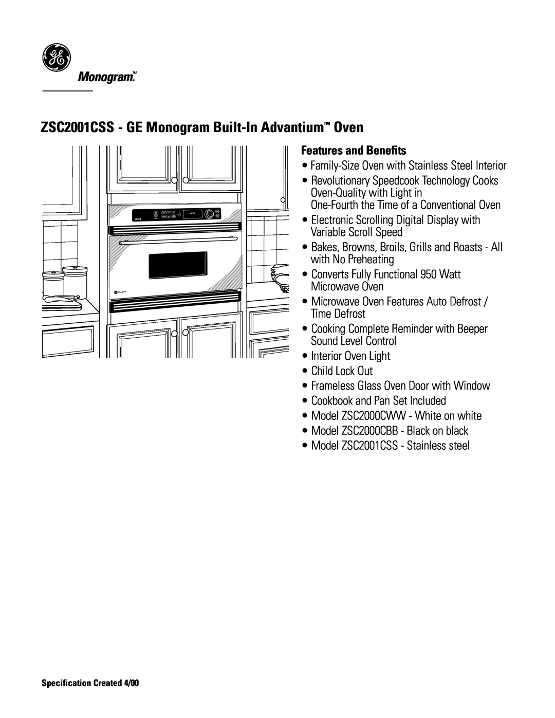 GE Monogram dimensions ZSC2001CSS - GE Monogram Built-In Advantium Oven, Features and Benefits 