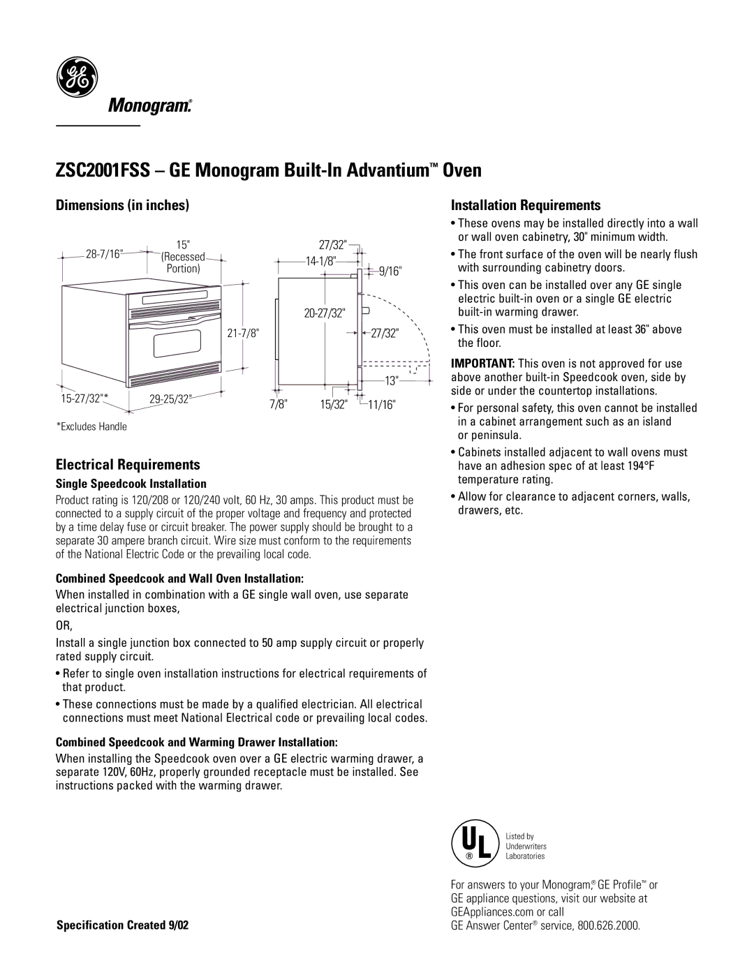 GE Monogram ZSC2001FSS dimensions Dimensions in inches, Electrical Requirements, Installation Requirements 