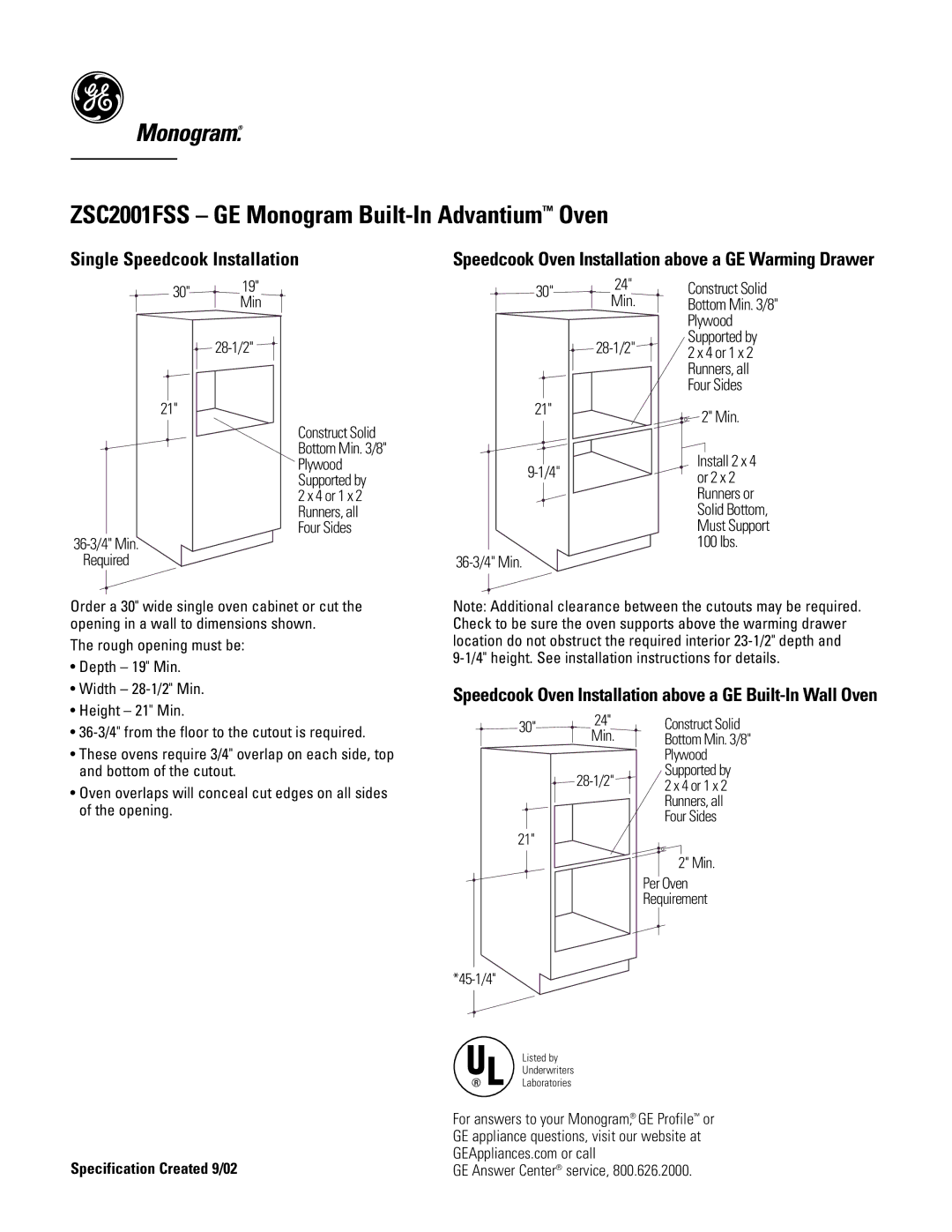 GE Monogram ZSC2001FSS dimensions Single Speedcook Installation, Speedcook Oven Installation above a GE Warming Drawer 