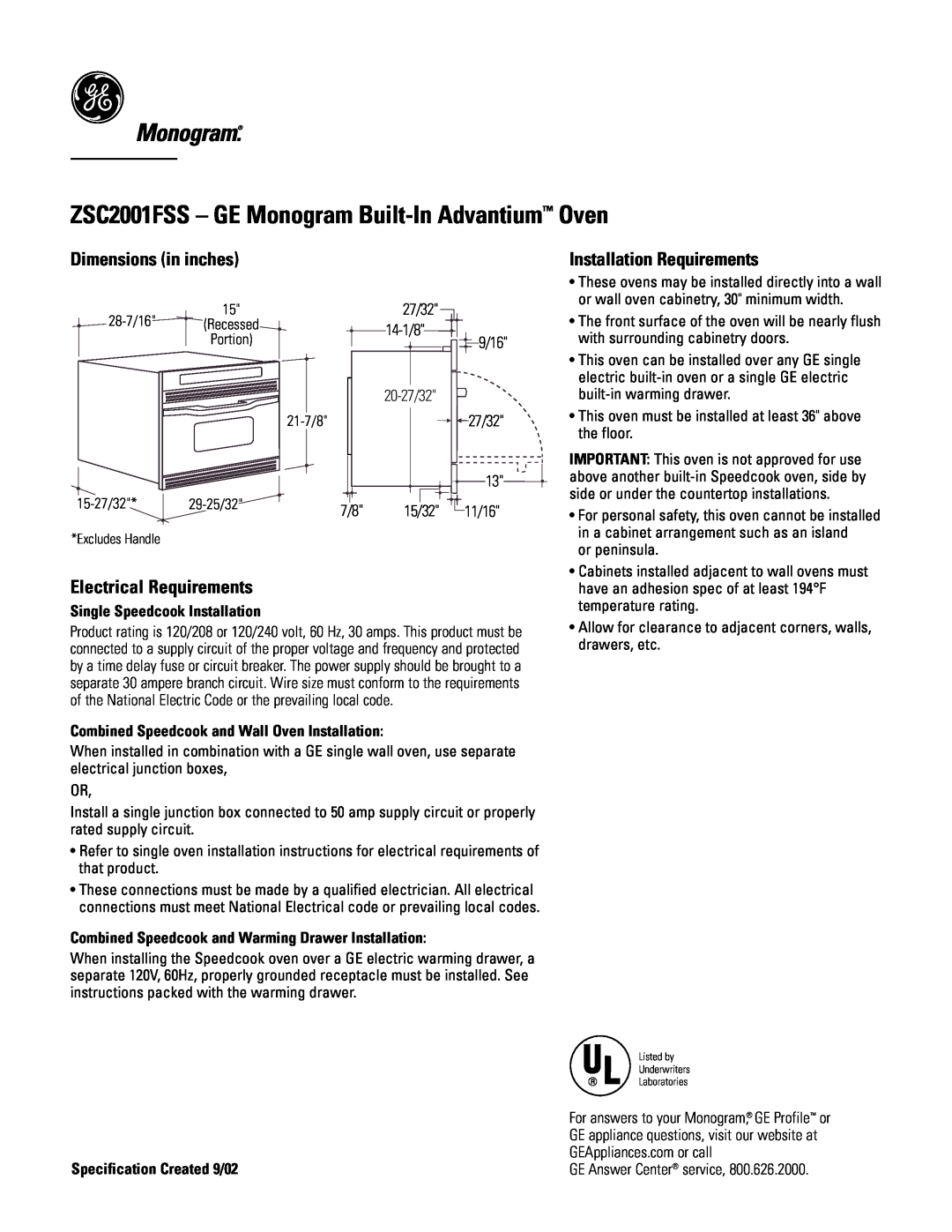 GE Monogram dimensions ZSC2001FSS - GE Monogram Built-In Advantium Oven, Dimensions in inches, Electrical Requirements 
