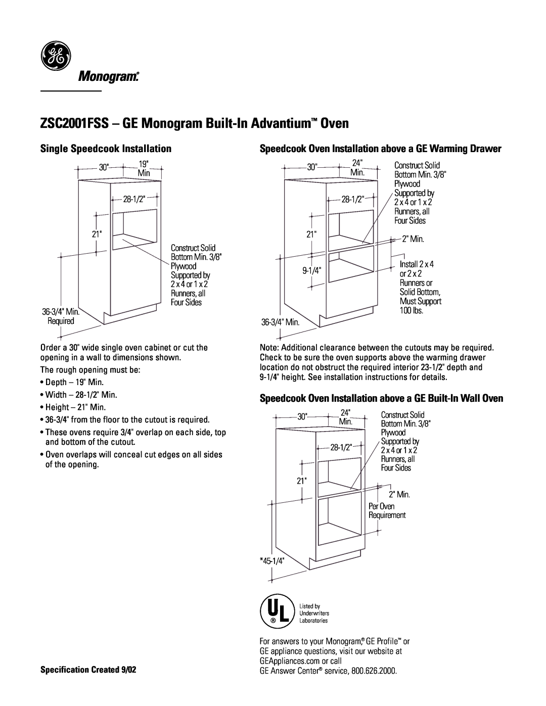 GE Monogram ZSC2001FSS - GE Monogram Built-In Advantium Oven, Single Speedcook Installation, 30 19 Min 28-1/2, 2 Min 
