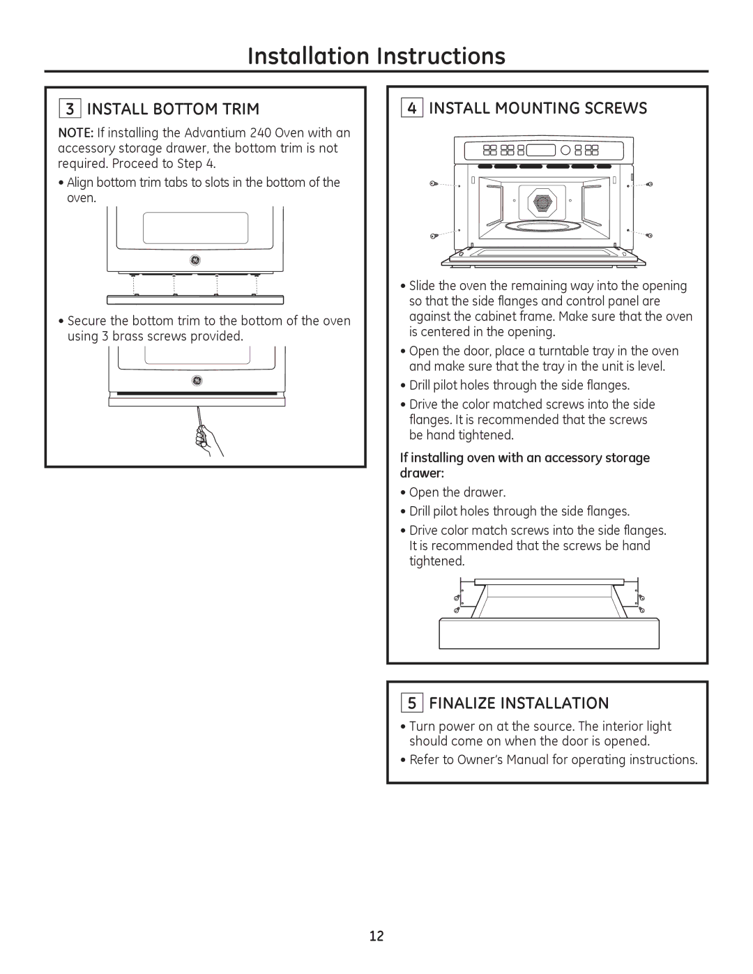 GE Monogram ZSC2202, ZSC2201, ZSC2200, PSB9240SF Install Bottom Trim, Install Mounting Screws, Finalize Installation 