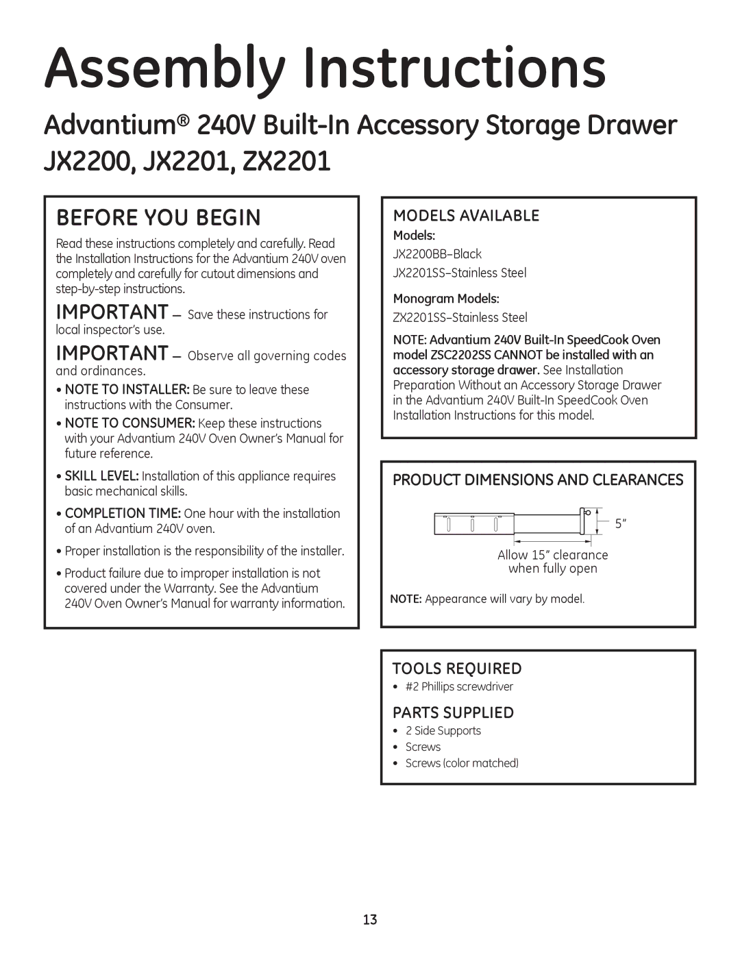 GE Monogram PSB9240SF, ZSC2201, ZSC2200 Tools Required, JX2200BB-Black JX2201SS-Stainless Steel, ZX2201SS-Stainless Steel 