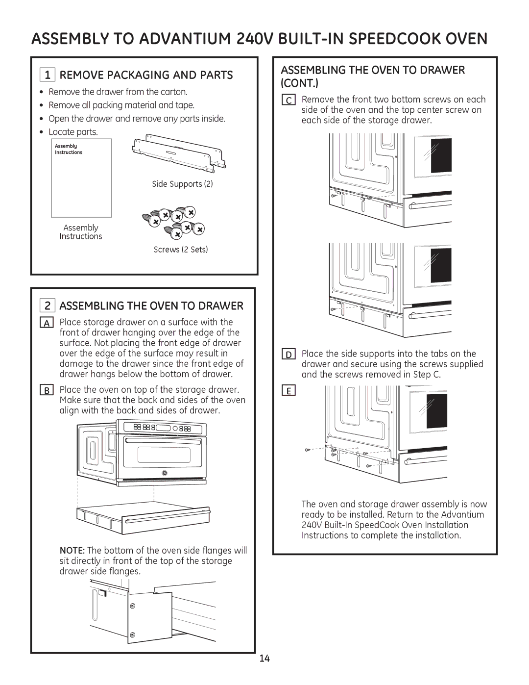 GE Monogram PSB9240DF, ZSC2201, ZSC2200, ZSC2202, PSB9240SF Remove Packaging and Parts, Assembling the Oven to Drawer 