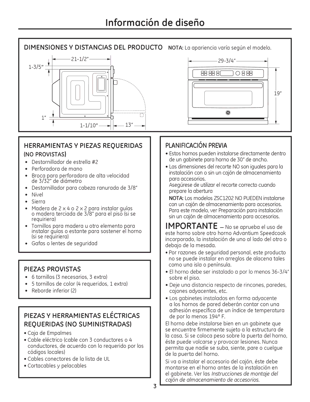 GE Monogram PSB9240DF, ZSC2201, ZSC2200, ZSC2202, PSB9240SF Información de diseño, Piezas Provistas, Planificación Previa 