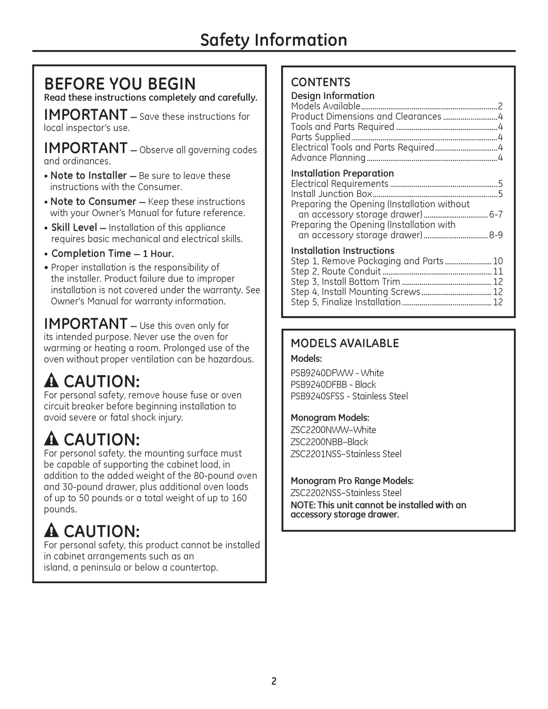 GE Monogram ZSC2202, ZSC2201, ZSC2200, PSB9240SF, PSB9240DF Safety Information, Contents, Models Available 