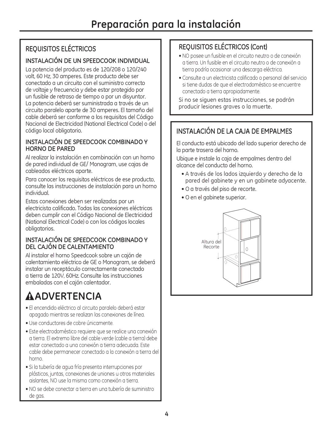 GE Monogram ZSC2201, ZSC2200, ZSC2202, PSB9240SF, PSB9240DF Preparación para la instalación, Requisitos Eléctricos 