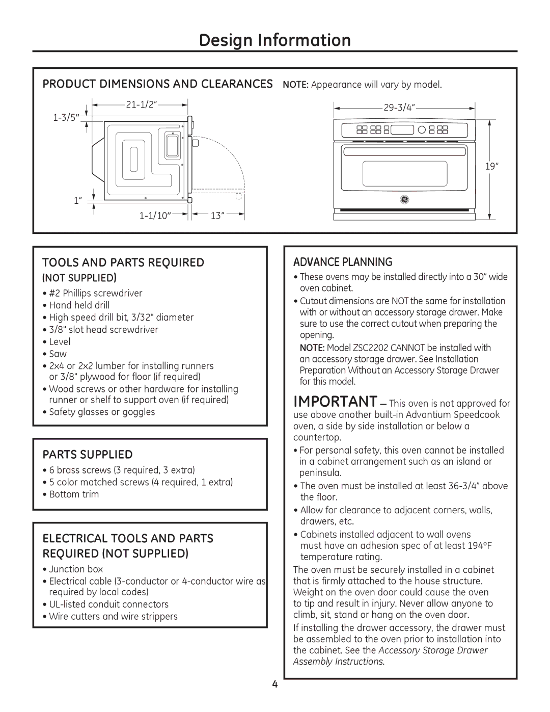 GE Monogram PSB9240DF, ZSC2201 Design Information, Parts Supplied, Electrical Tools and Parts Required not Supplied 