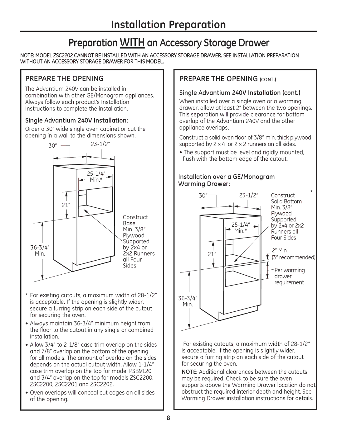 GE Monogram PSB9240SF, ZSC2201, ZSC2200, ZSC2202, PSB9240DF installation instructions Prepare the Opening 