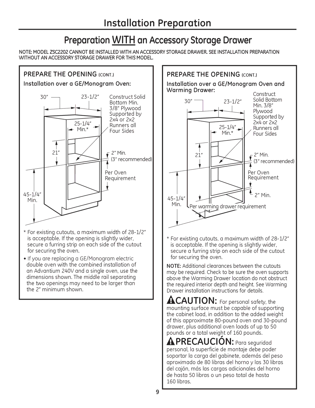 GE Monogram PSB9240DF, ZSC2201, ZSC2200, ZSC2202, PSB9240SF installation instructions Warming Drawer, Construct, 2x4 or, 45-1/4 