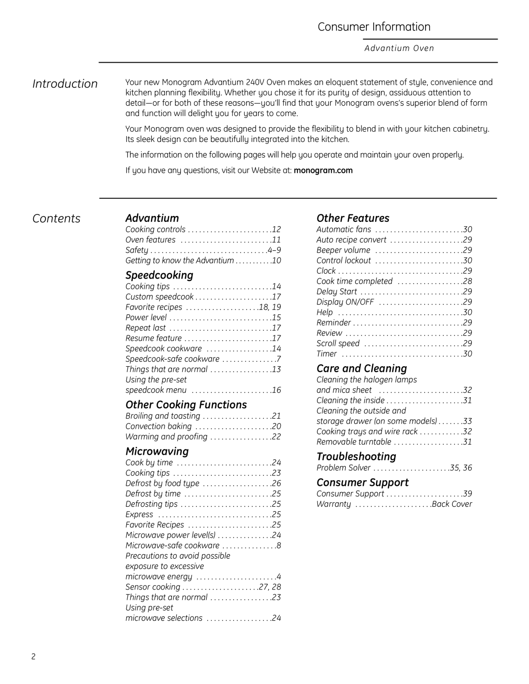 GE Monogram ZSC2202, ZSC2201, ZSC2200 owner manual Introduction, Contents Advantium 