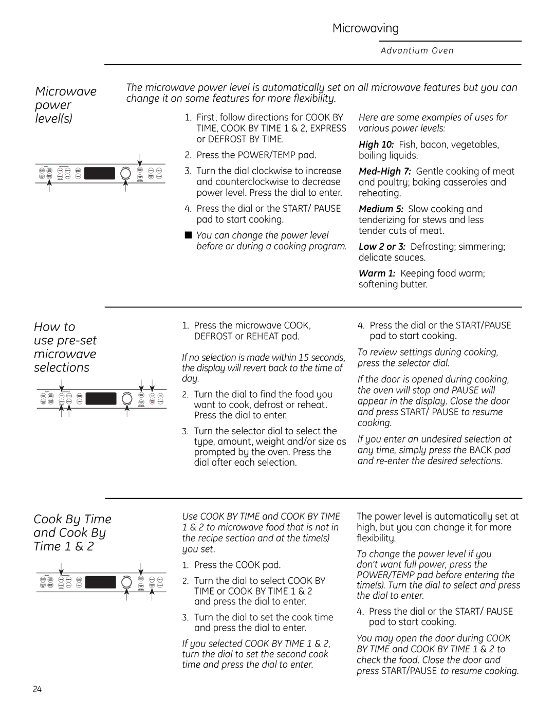 GE Monogram ZSC2201, ZSC2200, ZSC2202 Microwave power, Levels, How to use pre-set microwave selections, Cook By Time Time 1 