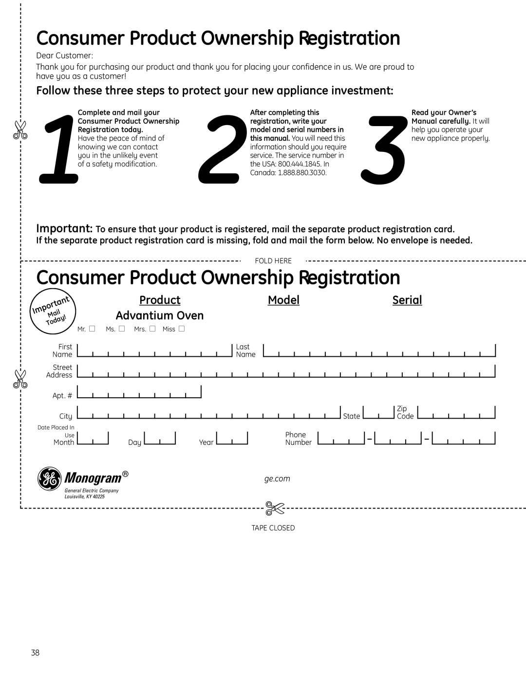 GE Monogram ZSC2202, ZSC2201, ZSC2200 owner manual Consumer Product Ownership Registration 