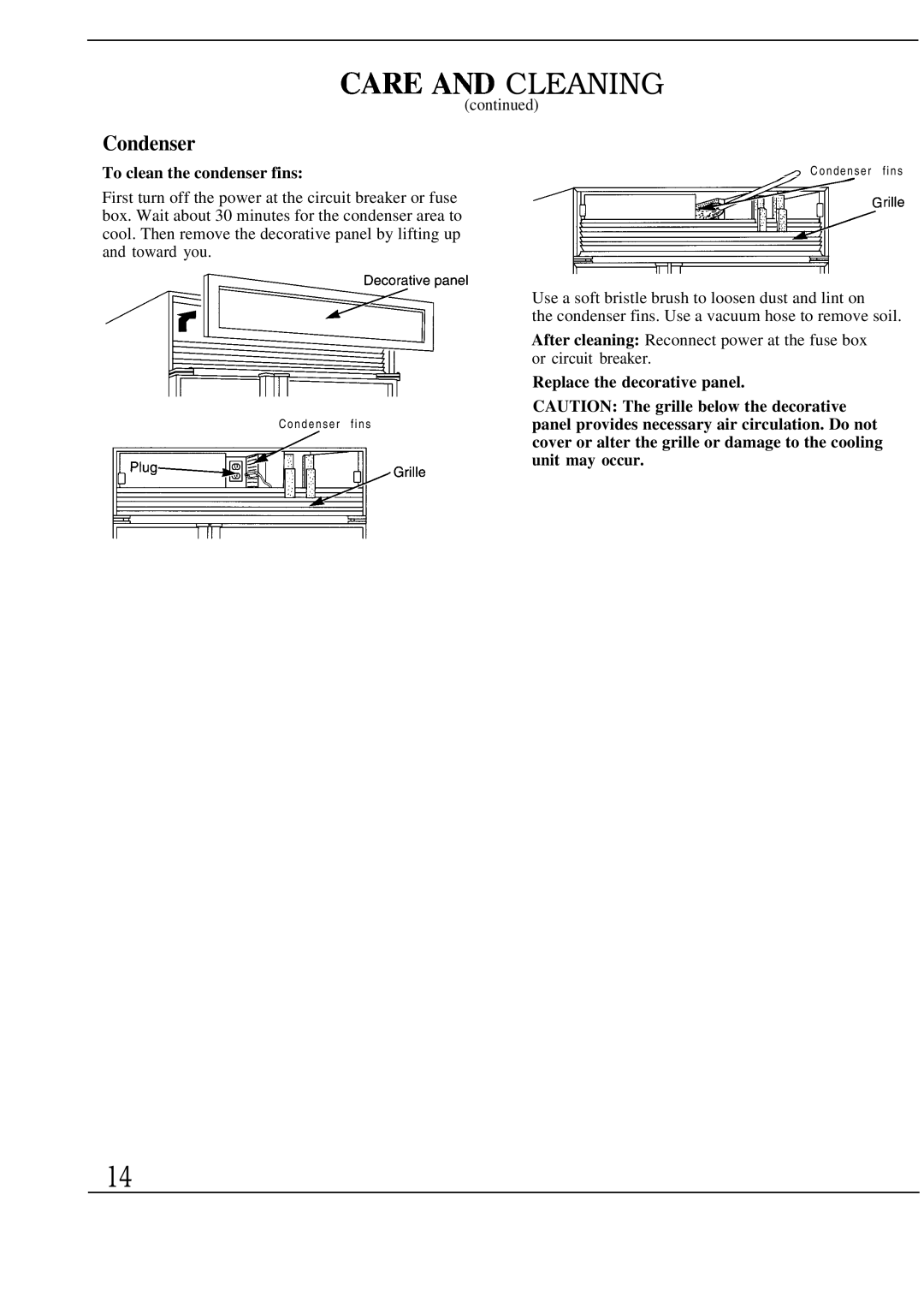 GE Monogram ZS48N, ZSW48D, ZSB48D manual Condenser, To clean the condenser fins, Replace the decorative panel 