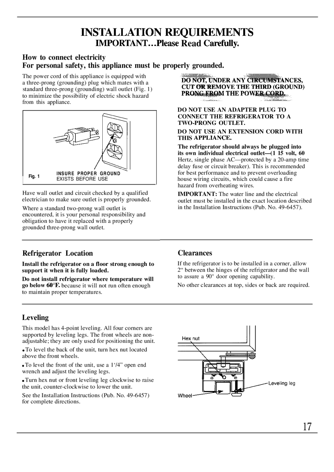 GE Monogram ZS48N, ZSW48D, ZSB48D manual ~Stallation ~Qui~Ments, Refrigerator Location, Clearances, Leveling 