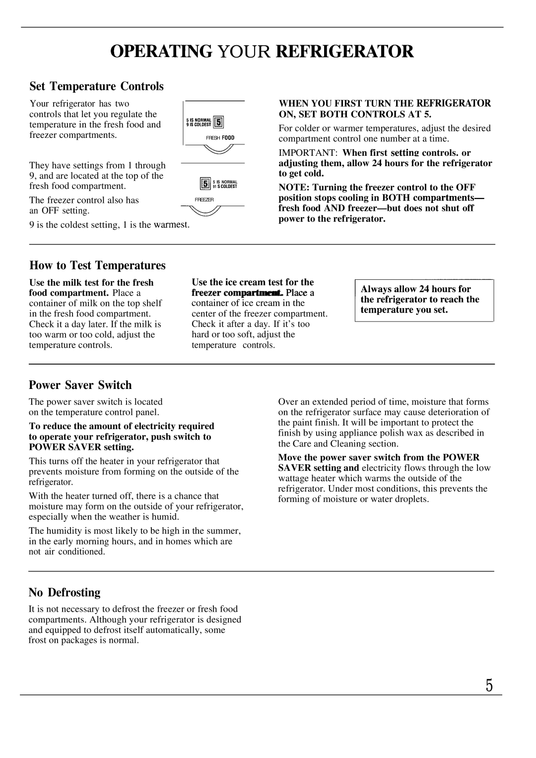 GE Monogram ZS48N, ZSW48D OPEMT~G Your Refwgemtor, Set Temperature Controls, How to Test Temperatures, Power Saver Switch 